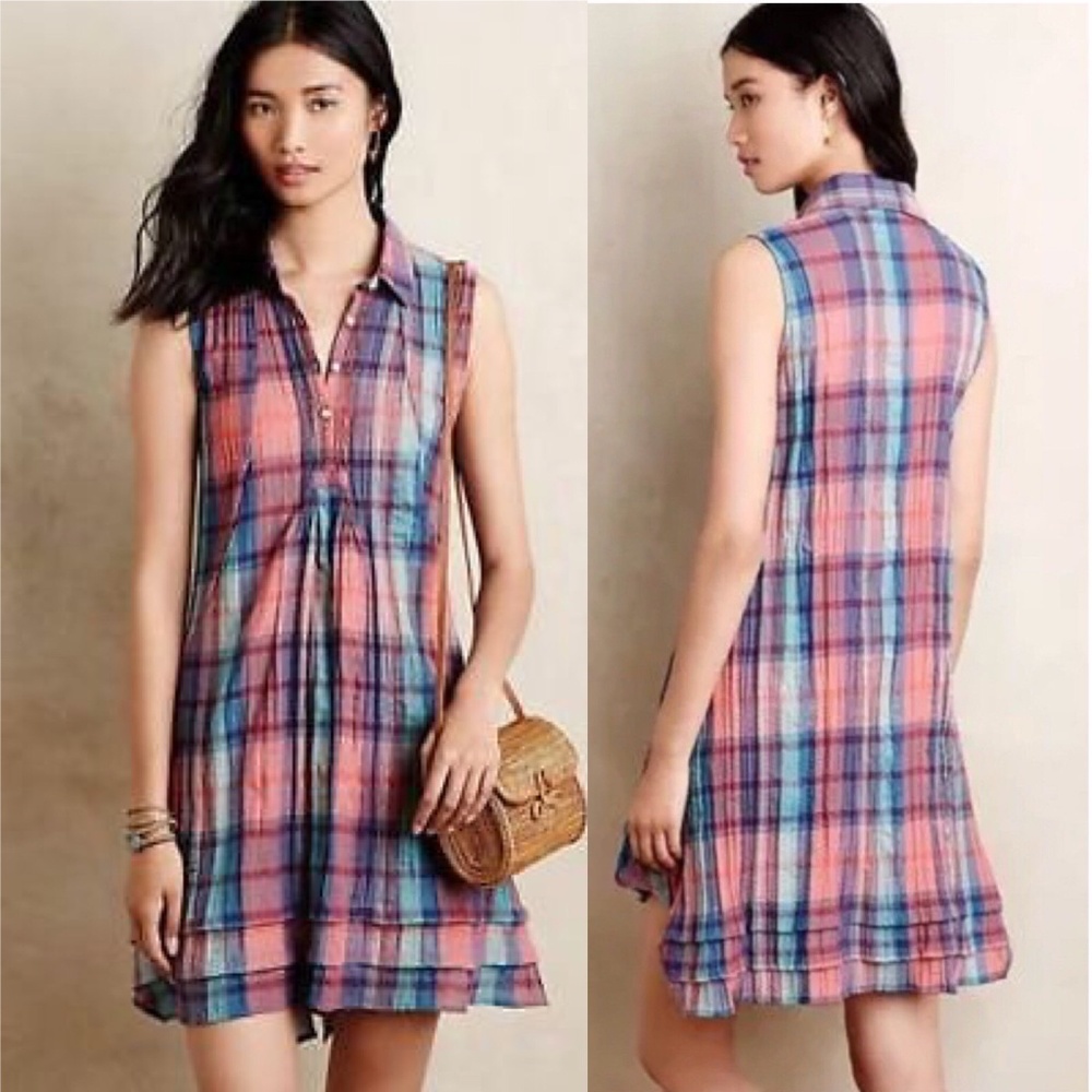 Anthro Isabella Sinclair Tillie Sleeveless Plaid Cotton Dress, Size Medium